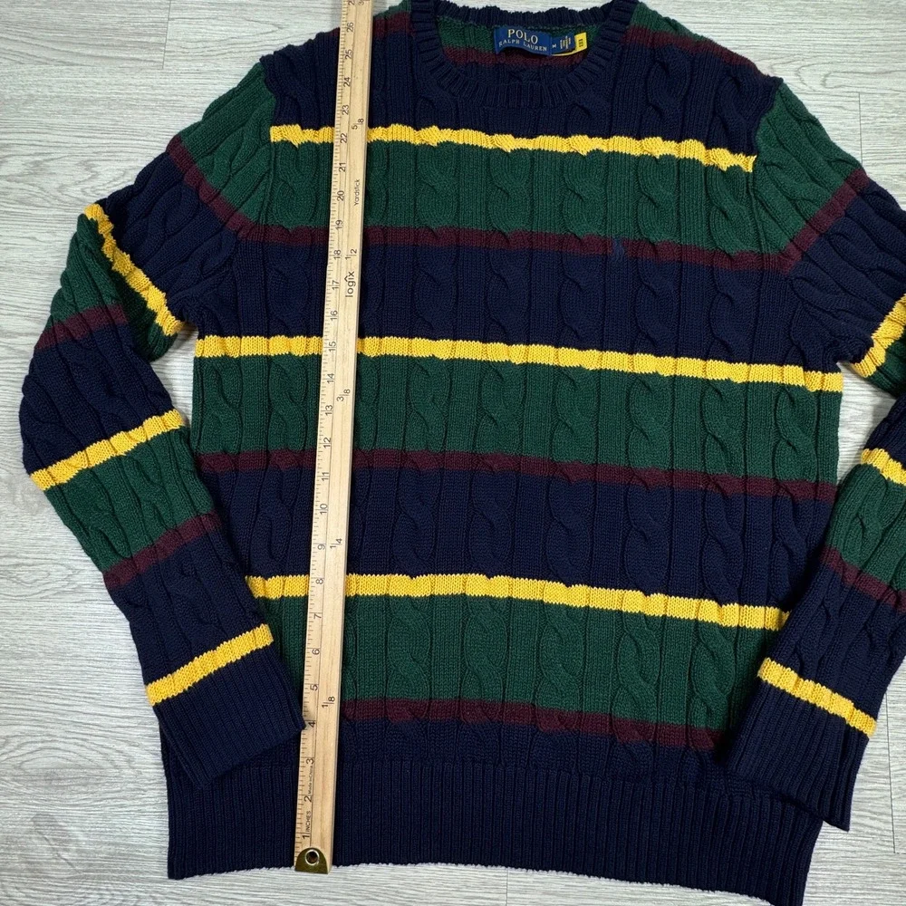 Polo Ralph Lauren Mens Cable Knit Striped Crewneck Sweater Cotton Medium